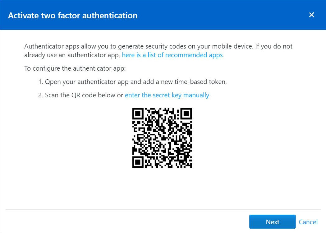 Screen shot of the QR code on the Activate Two Factor Authentication page.